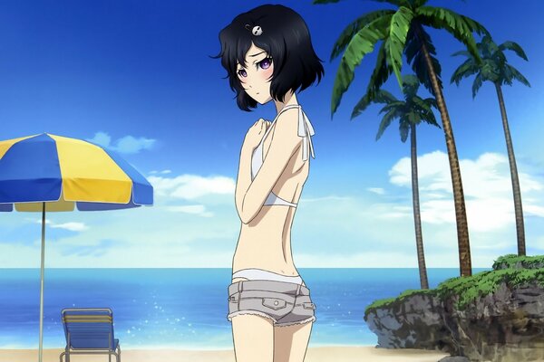 Anime drawing of a girl with black hair standing on the beach