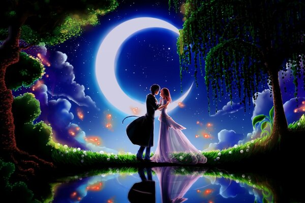 Love couple on the background of the moon