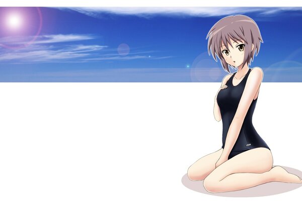 Anime-style girl sitting on white sand