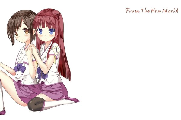 Anime drawing of two girls sitting side by side and holding hands