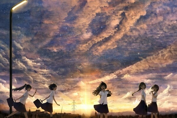 Fünf Schulmädchen anime Sonnenuntergang