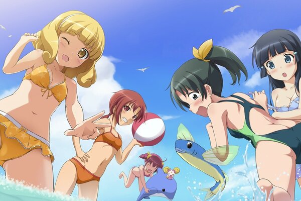 Anime picture , girlfriends in swimsuits