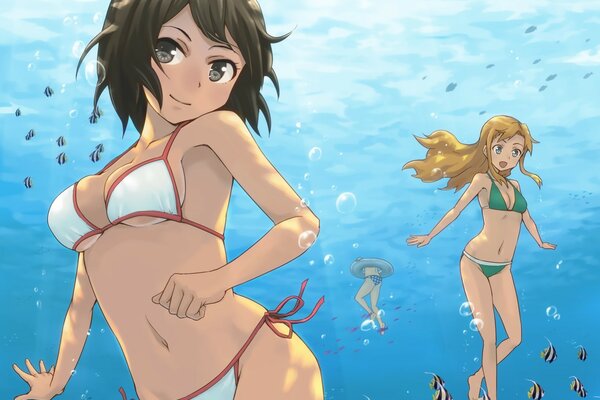 Anime girls underwater in swimsuits