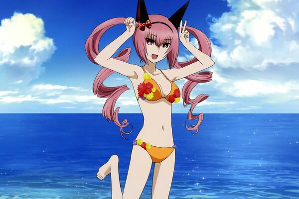 A girl with pink hair and a yellow swimsuit