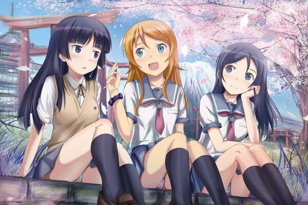 Kirino Kosaka with girlfriends on the background of sakura