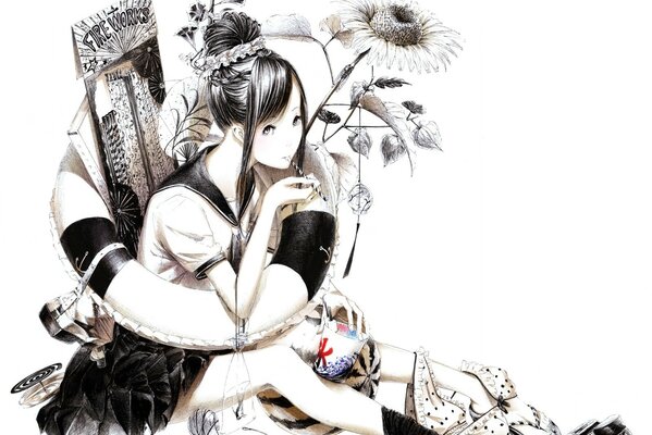Dessin noir et blanc d une fille dans le style japonais