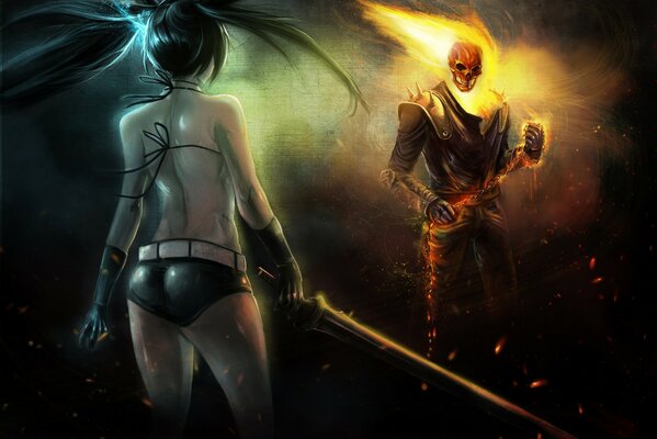 Ghost Rider y chica en pantalones cortos