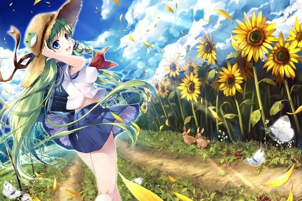 Mädchen im Anime-Stil neben Sonnenblumen
