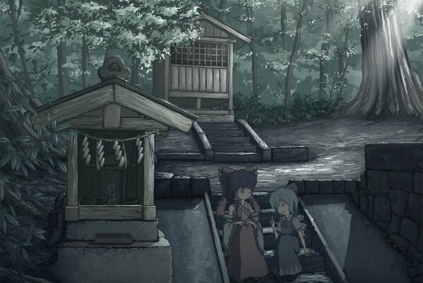 Imagen de anime de dos chicas en el bosque japonés