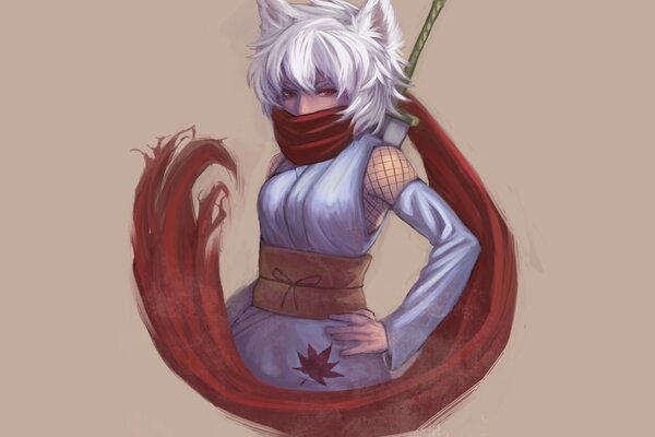 Ninja con pelo gris y orejas de gato