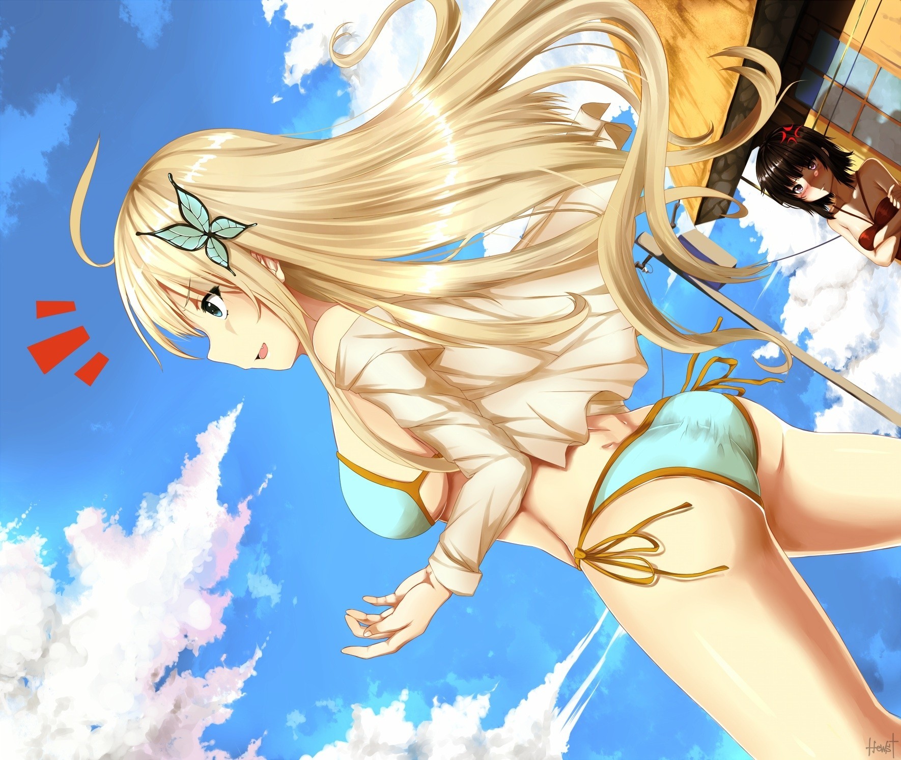 ciel blond nuages bikini maillot de bain cheveux longs mikazuki yozora kashiwazaki sena