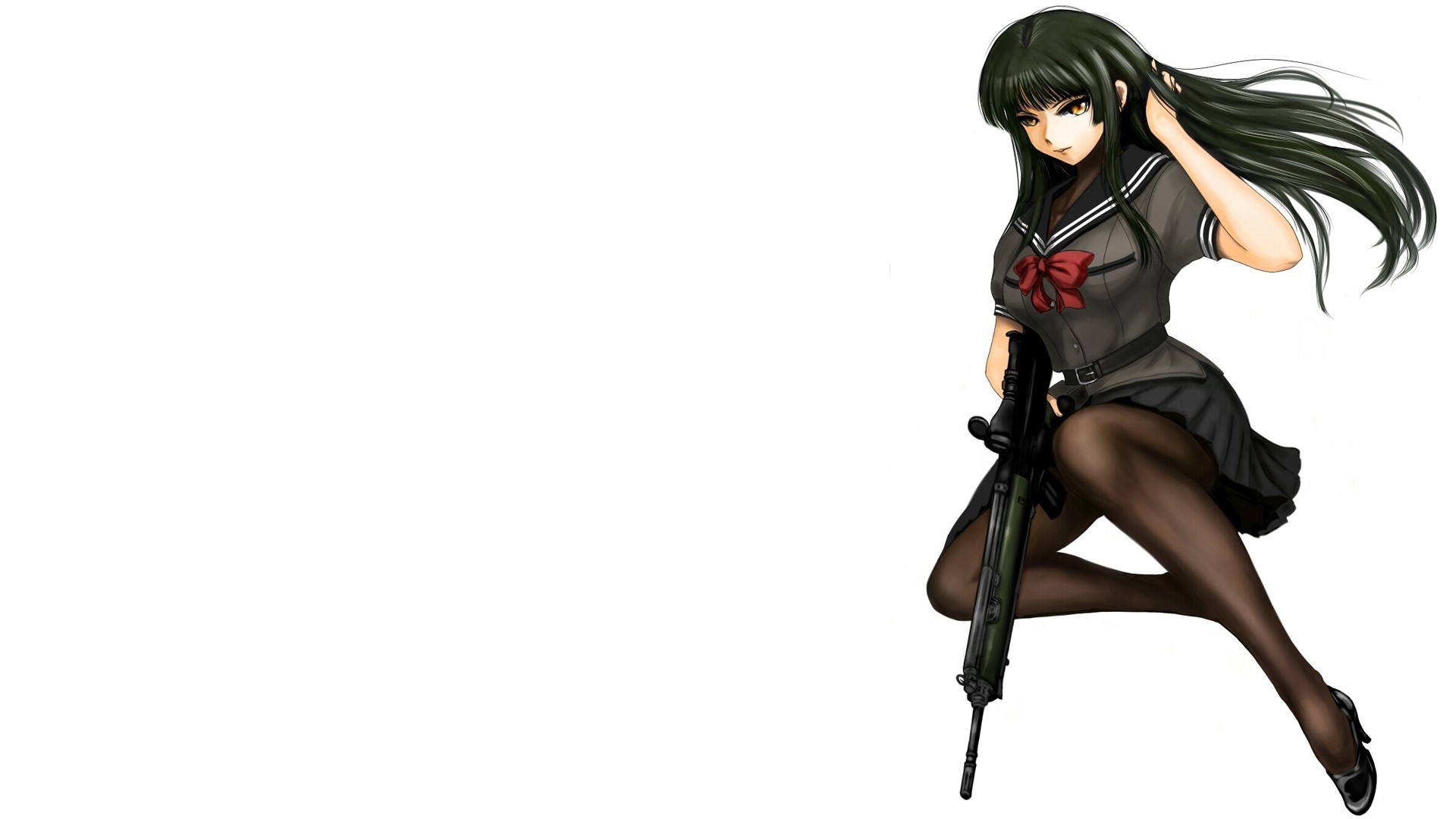 flying fortress brown eyes seifuku skirt black hair weapon tights long hair white