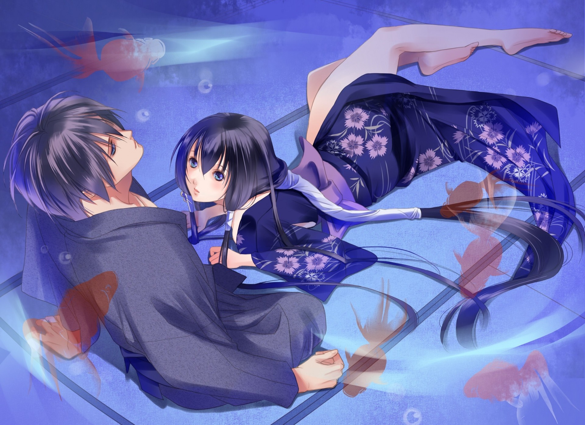 blue eyes fish barefoot long hair animals japanese clothes kimono