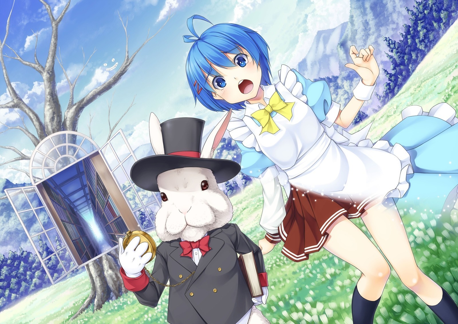 blue eyes short hair seifuku cheshire cat hat blush maid white rabbit tree gloves blue hair