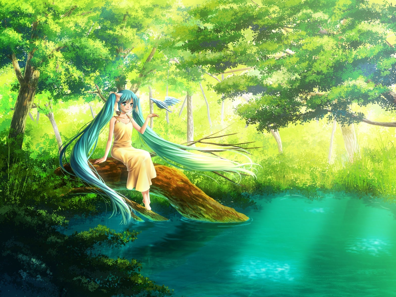 hatsune miku animals long hair water bird