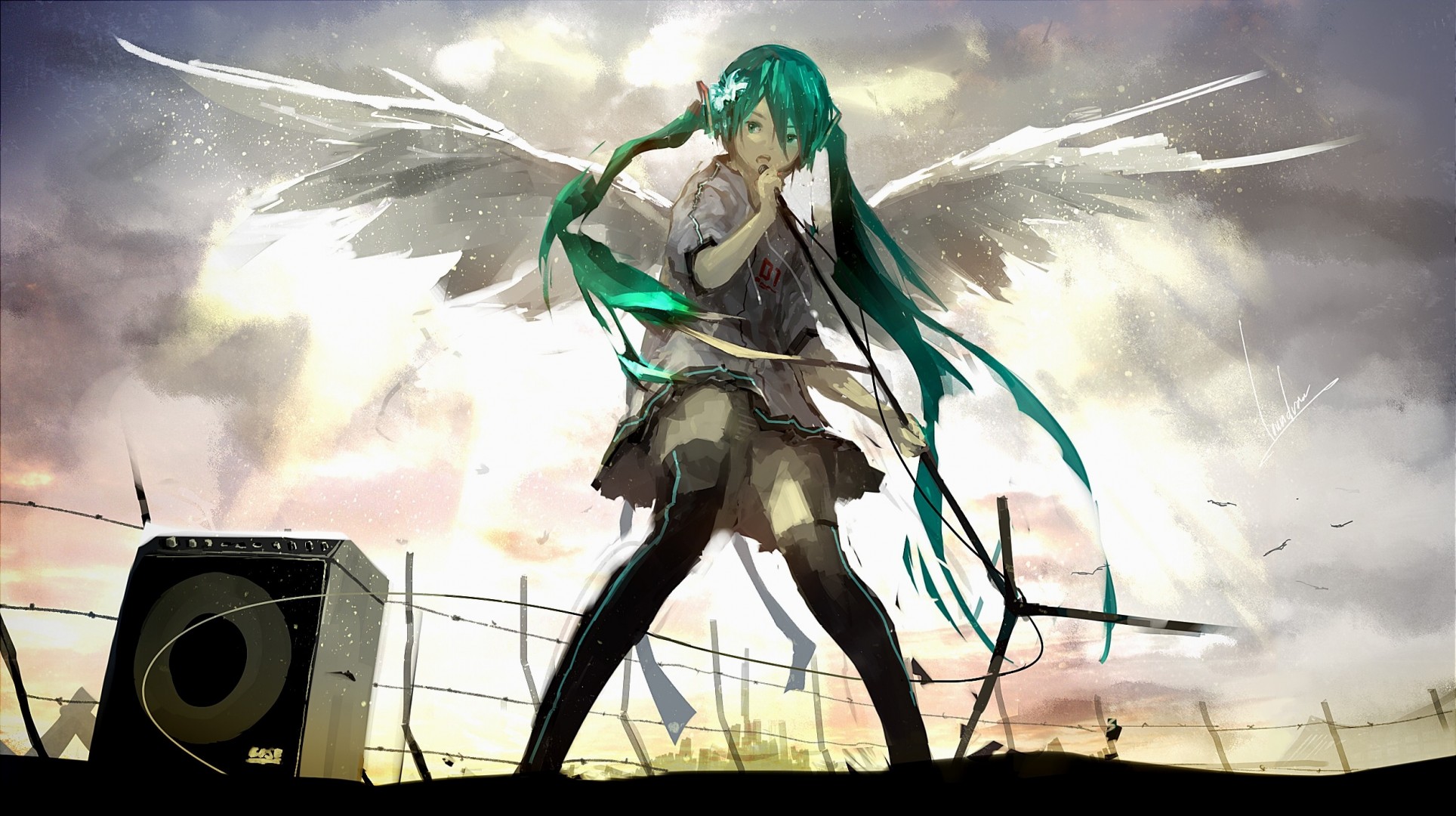 twintails gonna capelli verdi animali occhi verdi capelli lunghi thighhighs biancheria intima microfono mutandine ali hatsune miku uccelli