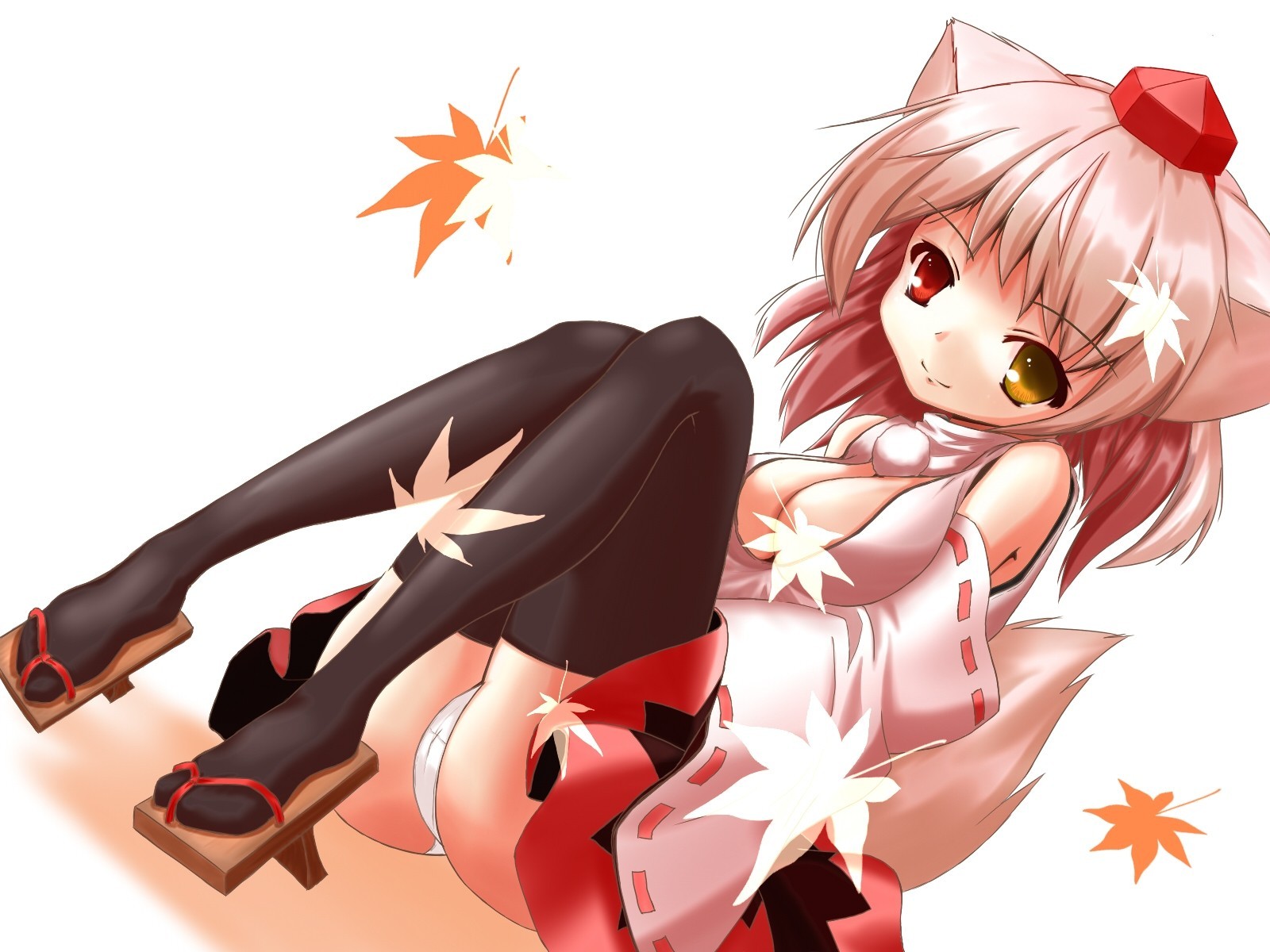 hort hair zettai ryouiki hat white hair inubashiri momiji red eyes japanese clothes sheet shorts tail animal ears thighhighs underwear