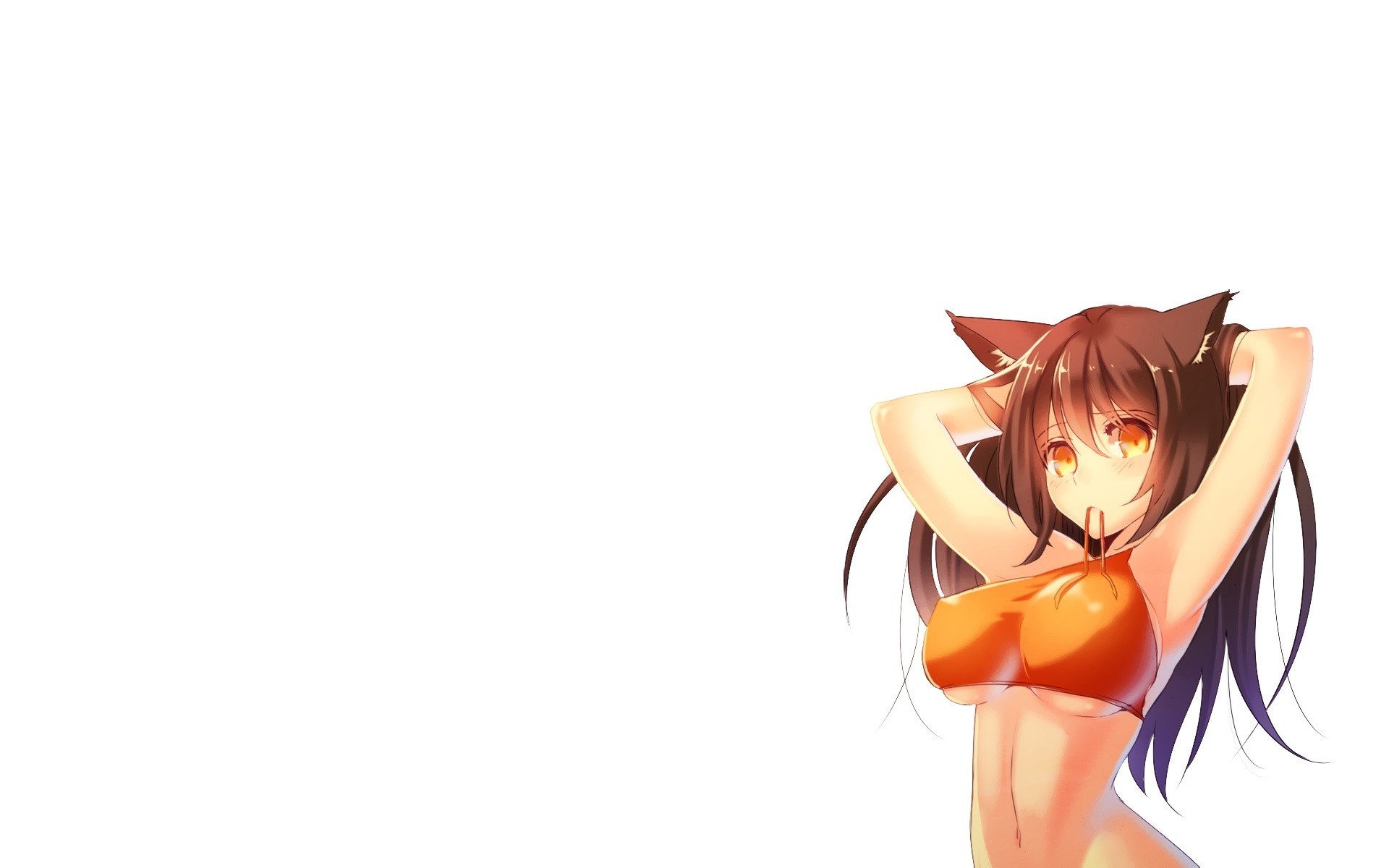 animal ears long hair white catgirl blush navel brown hair