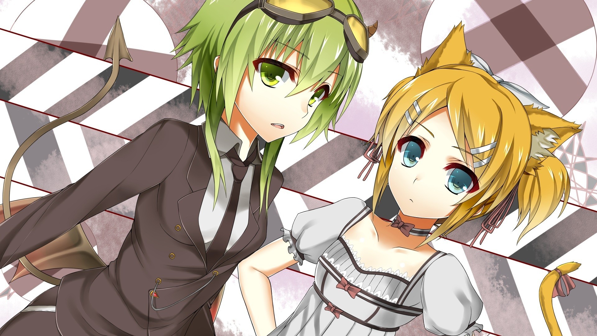 blue eyes short hair wings tapes blonde hair green hair green eyes kagamine rin dress sunglasses horn animal ears tail