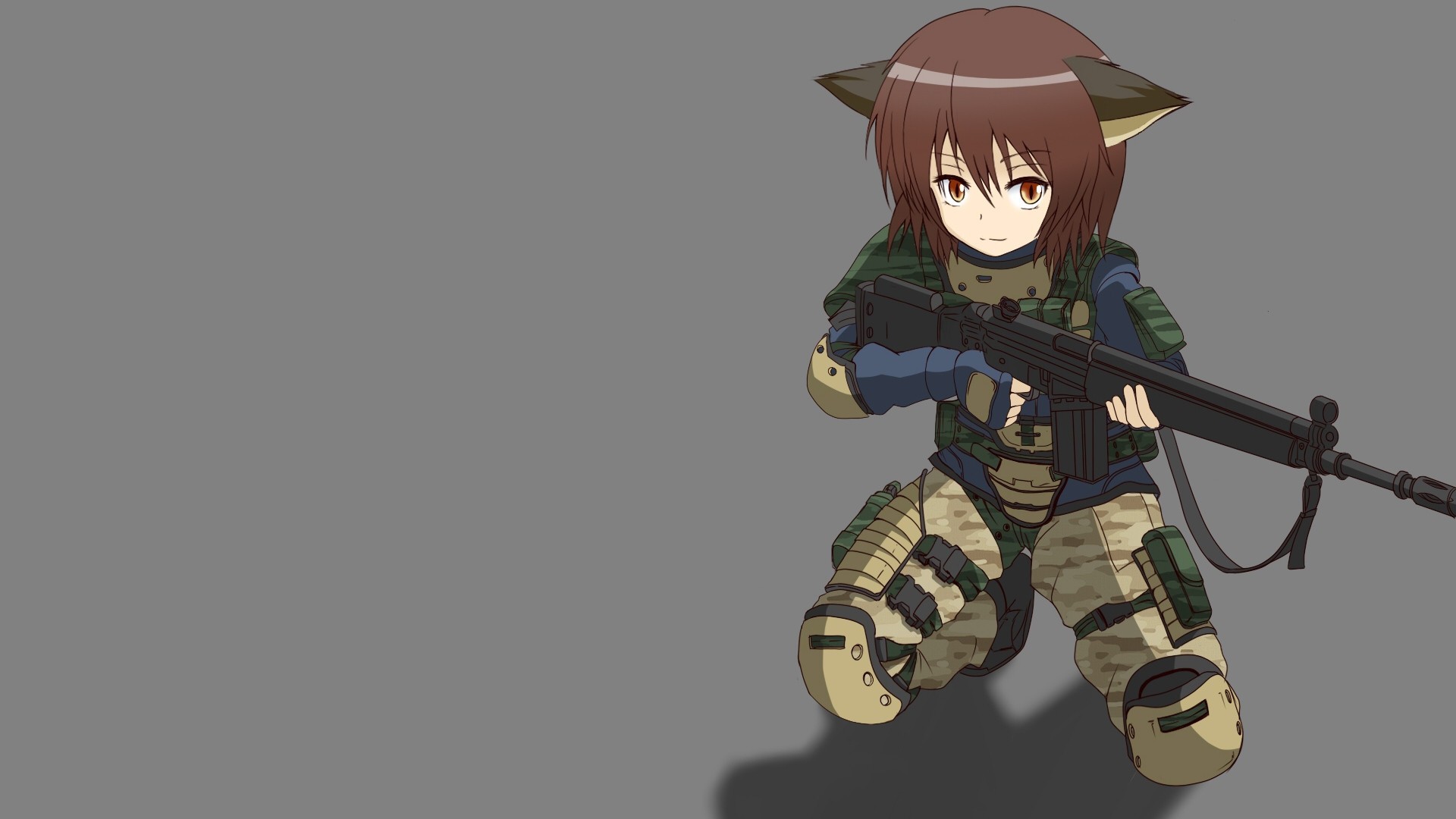 flying fortress brown eyes armour short hair weapon animal ears brown hair