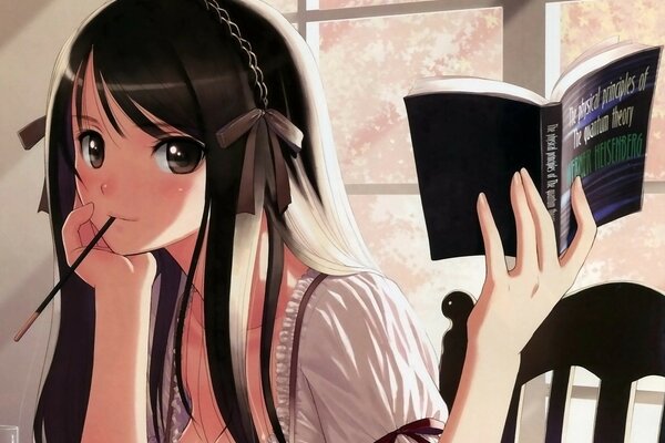 A girl with dark hair and a book