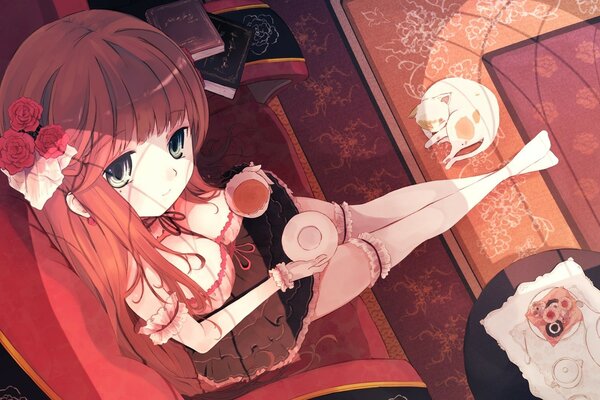 Rysunek dziewczyna z książką i herbatą