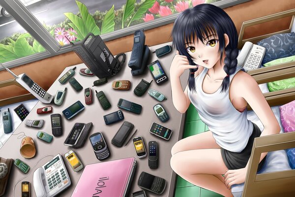 A lot of phones on the girl s desk