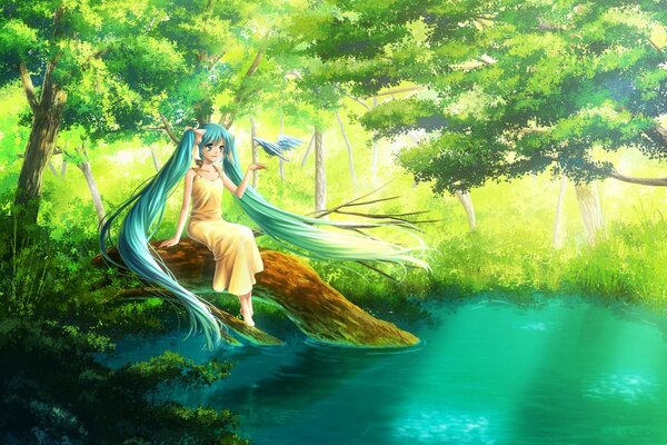 Hatsune miku auf einem Baum in der Nähe von Wasser