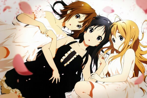 Three anime girls: brown-haired, brunette and redhead