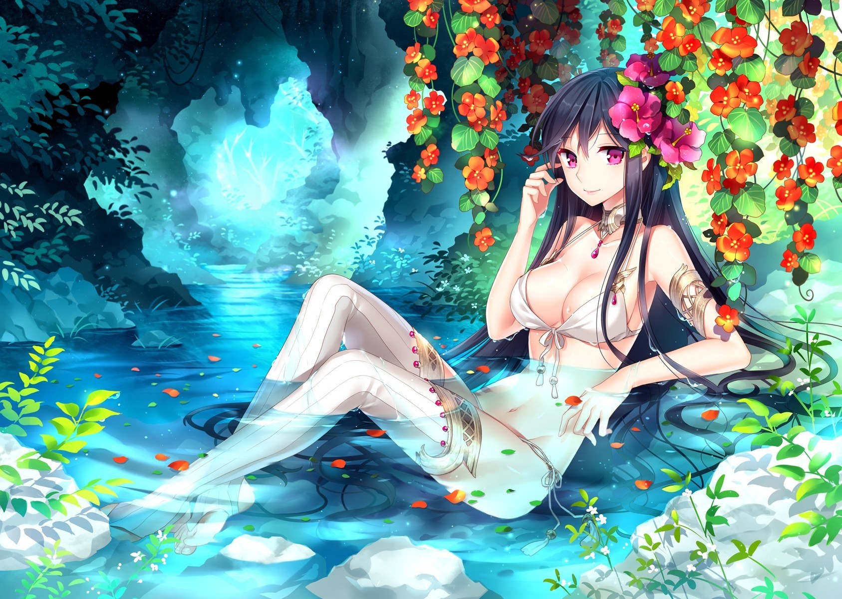 nass blütenblätter langes haar schwarzes haar bikini badeanzug lila augen wasser blumen erröten thighhigh