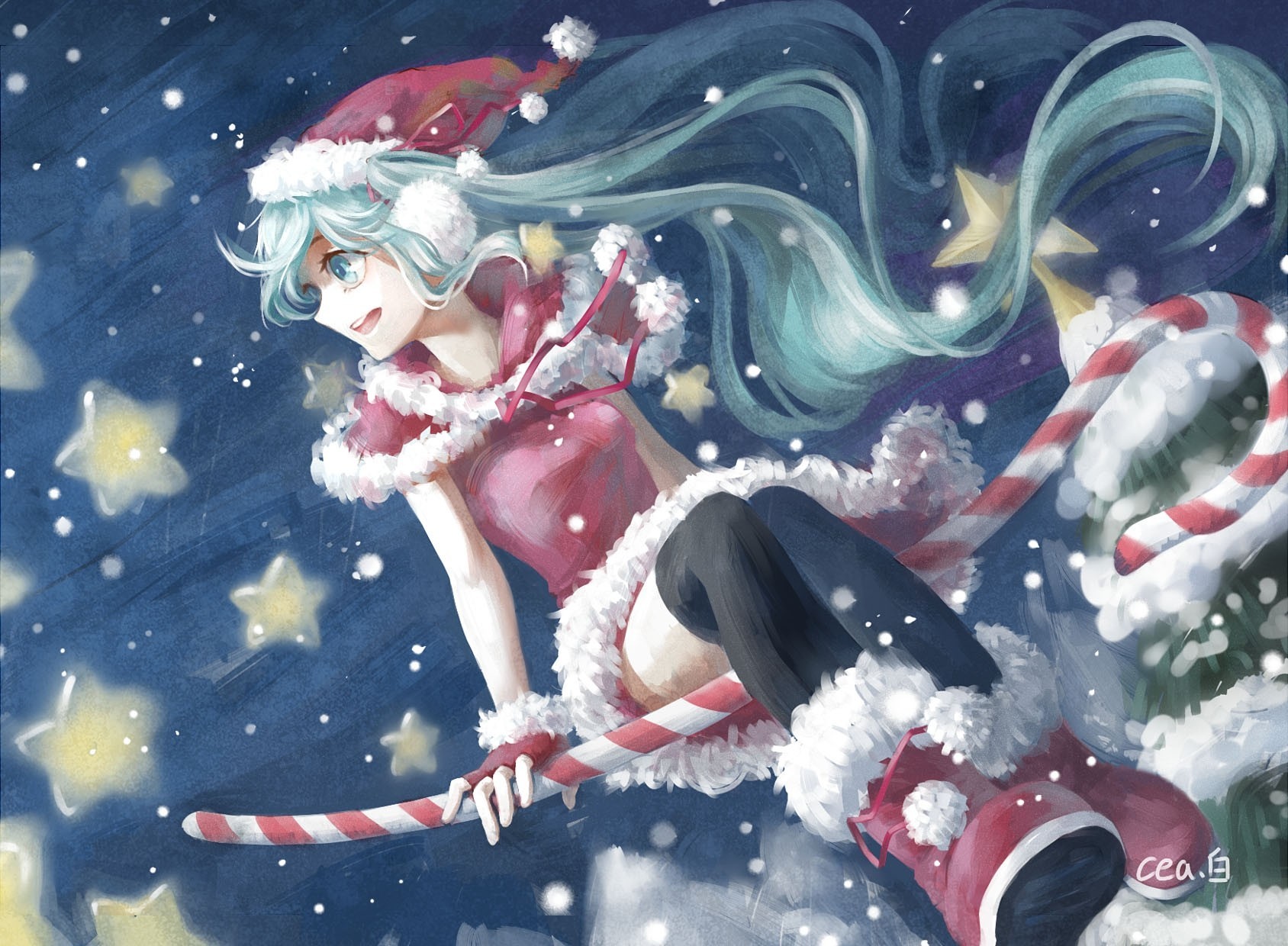 dulces sombrero hatsune miku noche árbol pelo largo thighhighs nieve