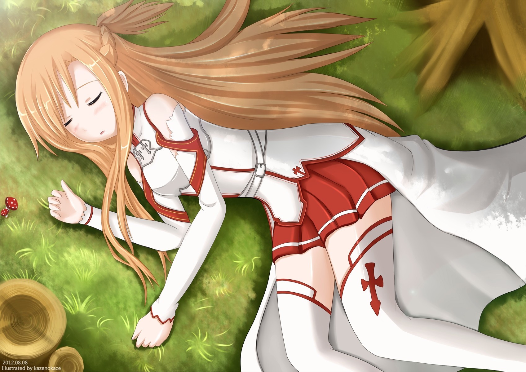 blush tree long hair yuuki asuna thighhighs brown hair