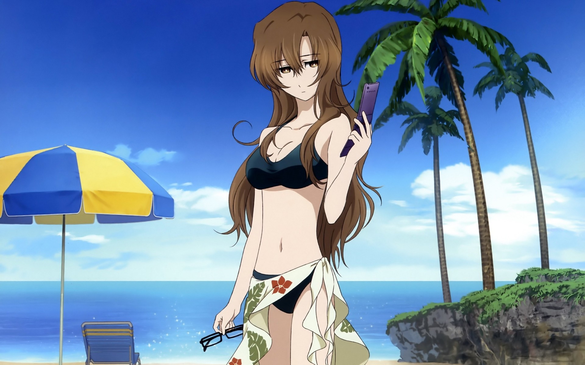 brown eyes beach bikini swimsuit tree long hair phone umbrella sunglasses kiryuu moeka brown hair