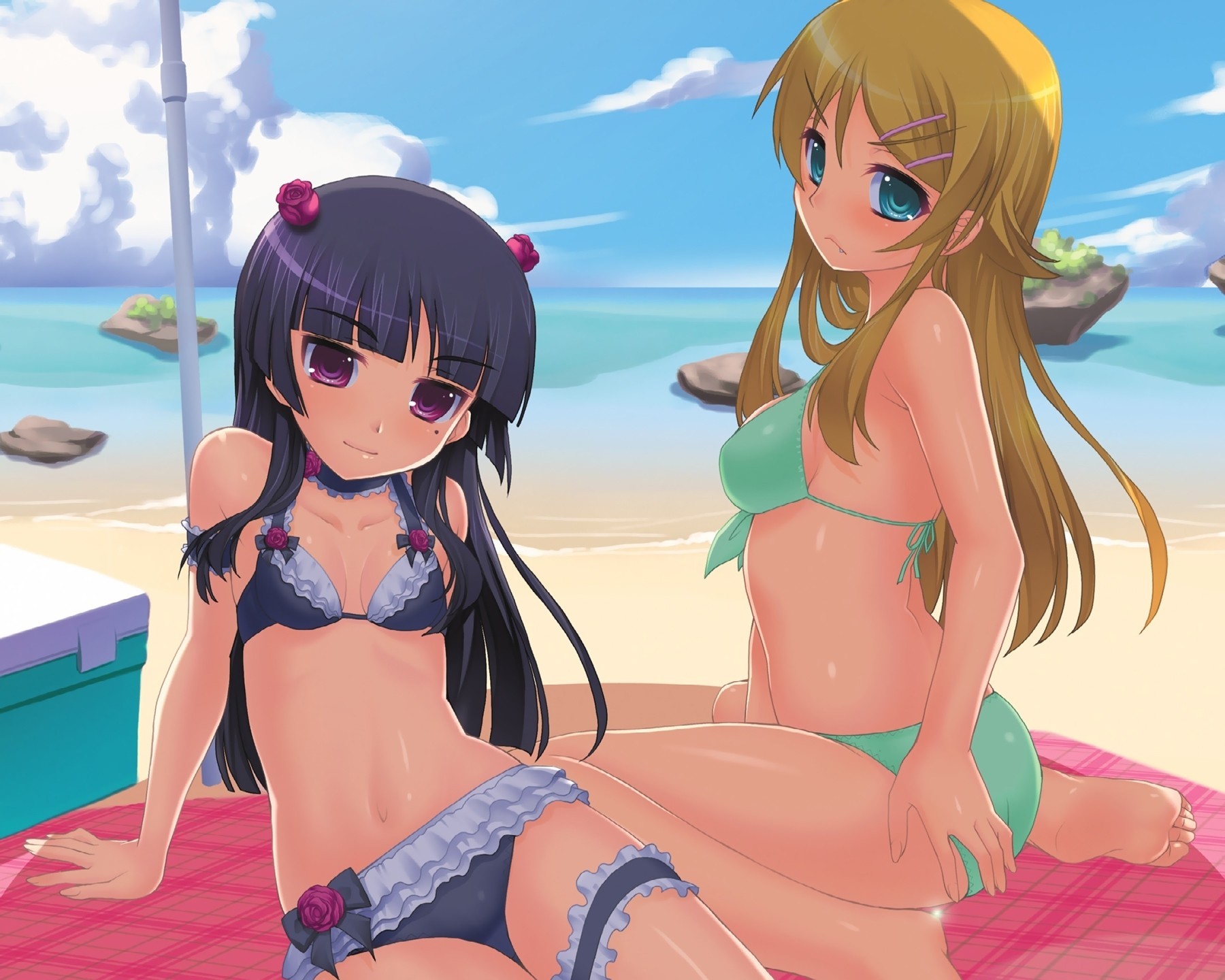 necklace beach kousaka kirino fang bikini swimsuit long hair 2girls water flower