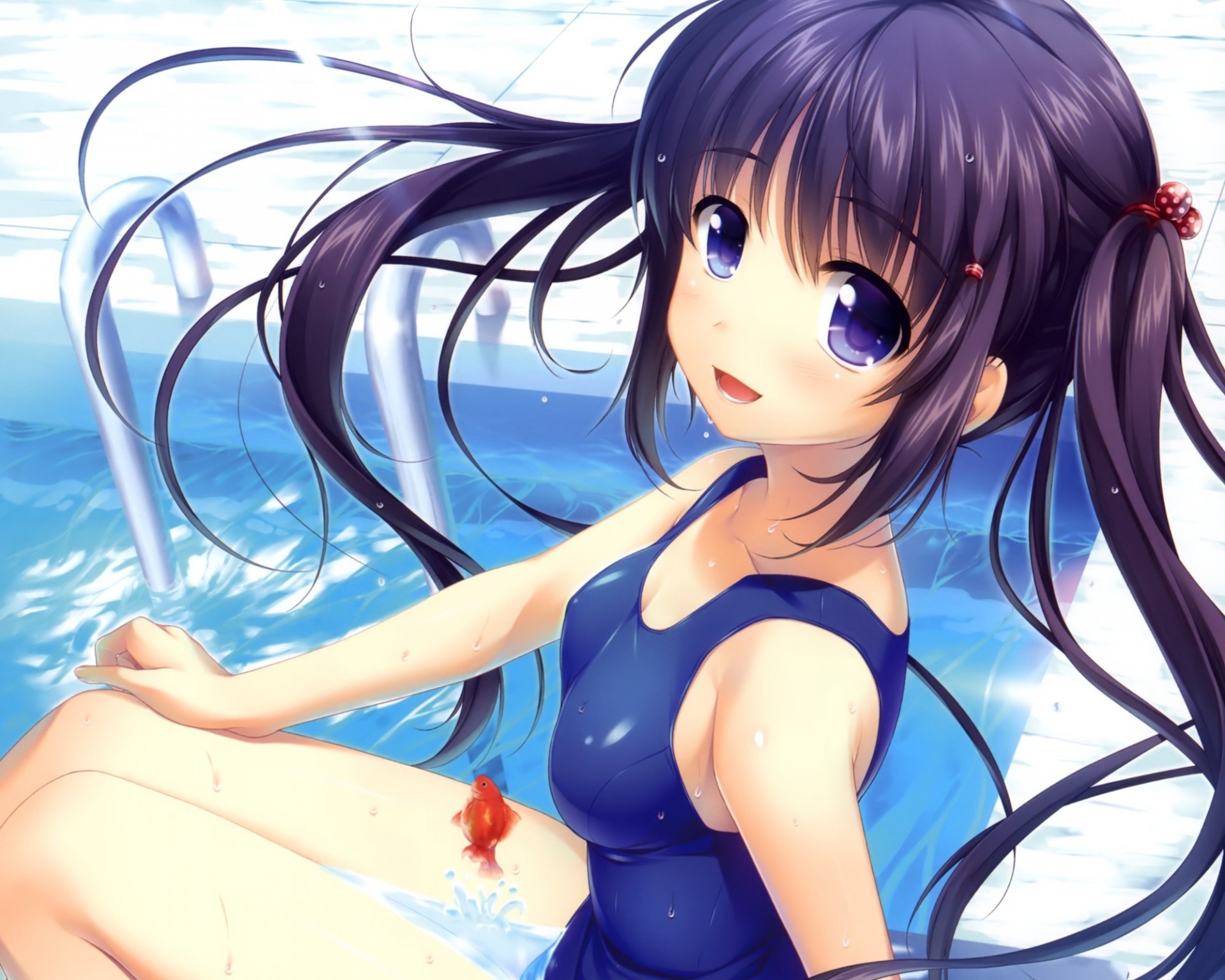 humide yeux bleus poisson twintails piscine cheveux noirs maillot de bain animaux bleu ciel eau