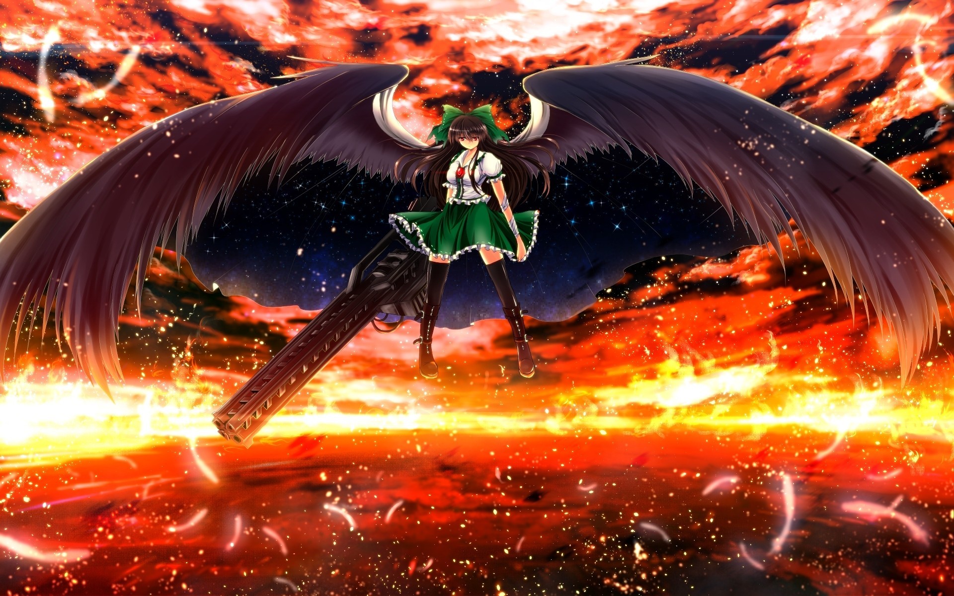 cape flying fortress sunset skirt feathers reiuji utsuho torment clouds zettai ryouiki black hair red eyes weapon long hair boots wings fire thighhighs bandage