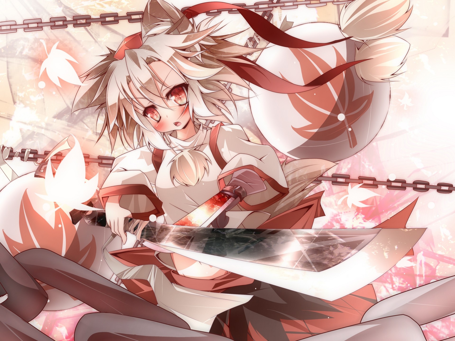 hort hair hat white hair inubashiri momiji sheet chains red eyes blush weapon animal ears sword