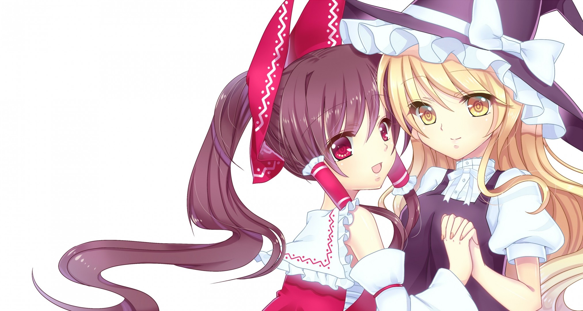 witch blonde hair hat long hair red eyes japanese clothes white 2girls brown hair