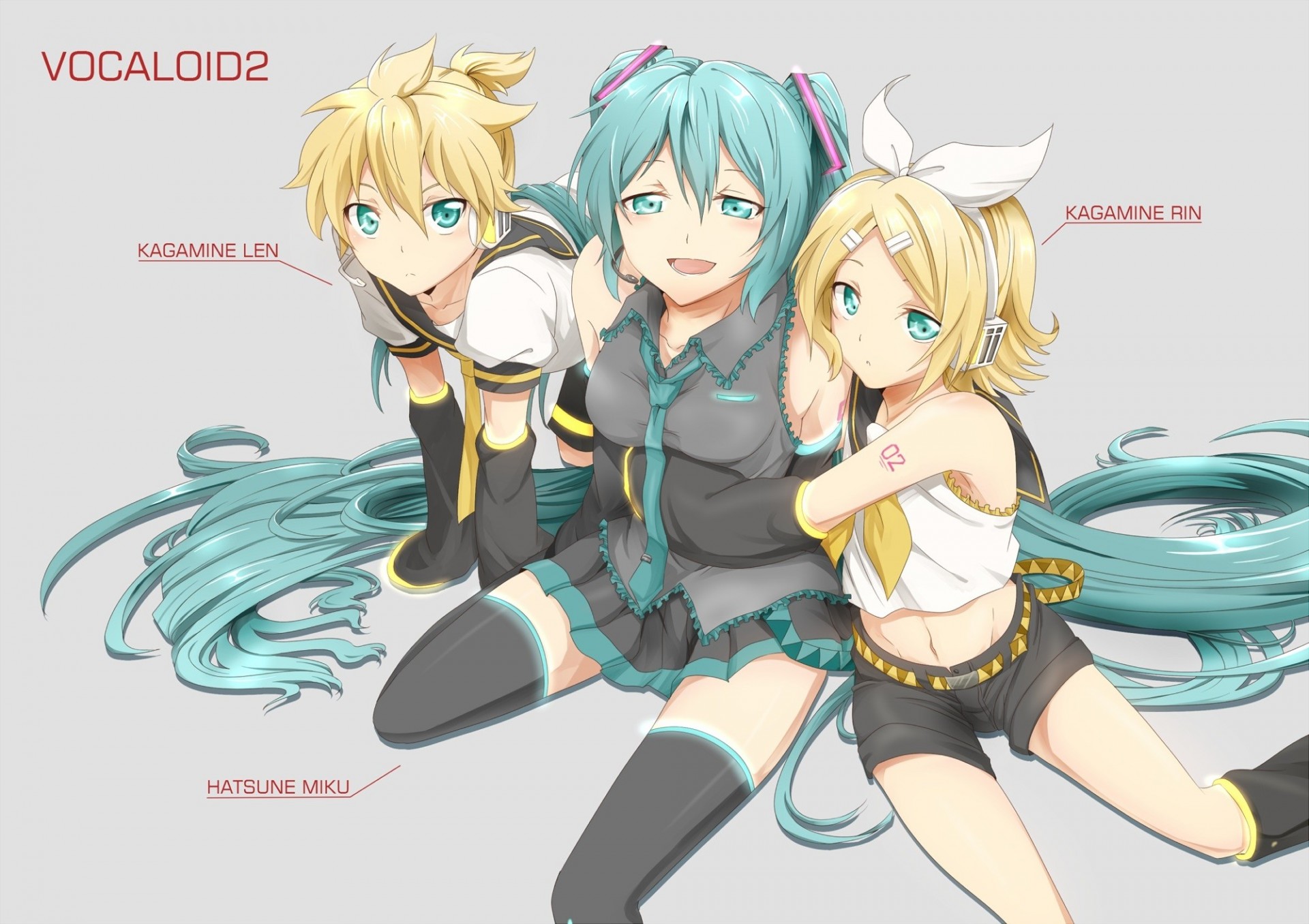 bind blonde hair kagamine rin twintails kagamine len torment short hair skirt long hair shorts hatsune miku headphones navel thighhigh