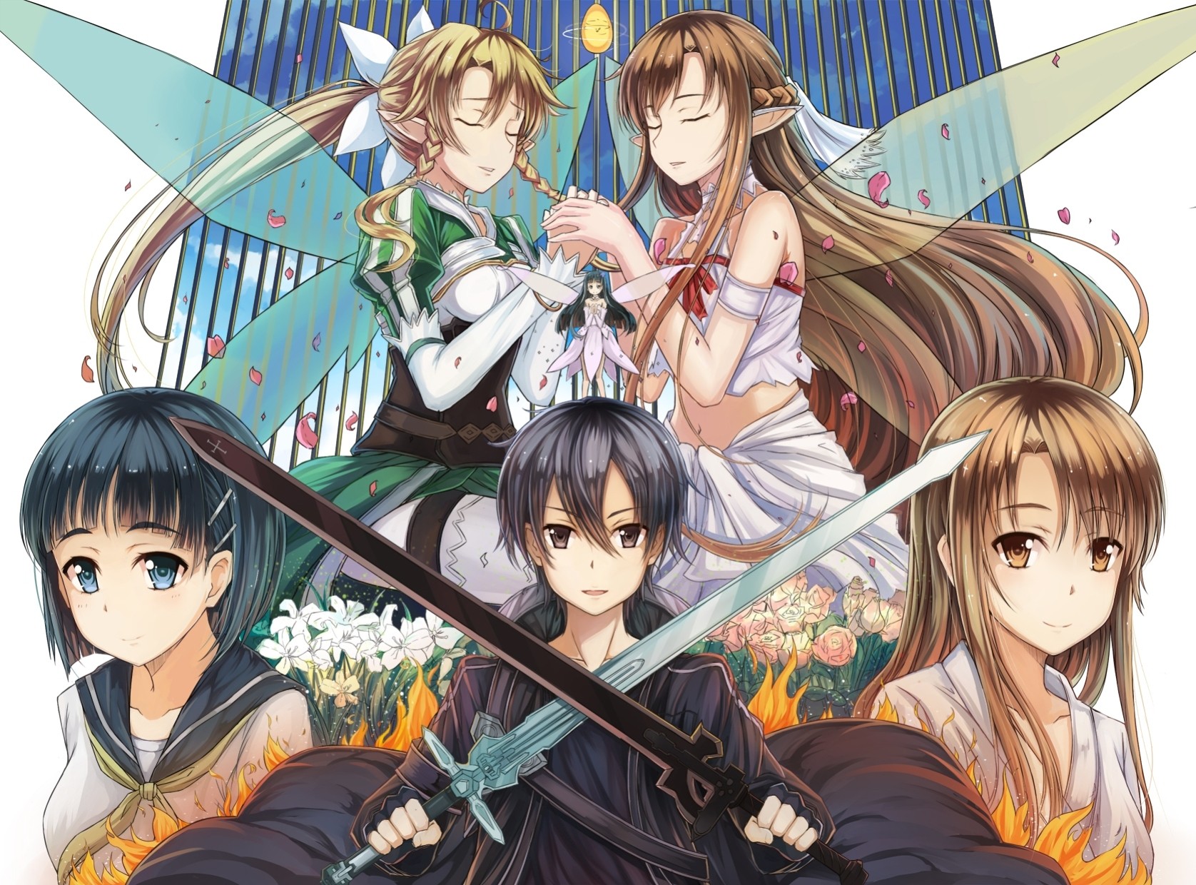 hort hair brown eyes long hair black hair weapon kirigaya kazuto yuuki asuna sword fairy brown hair