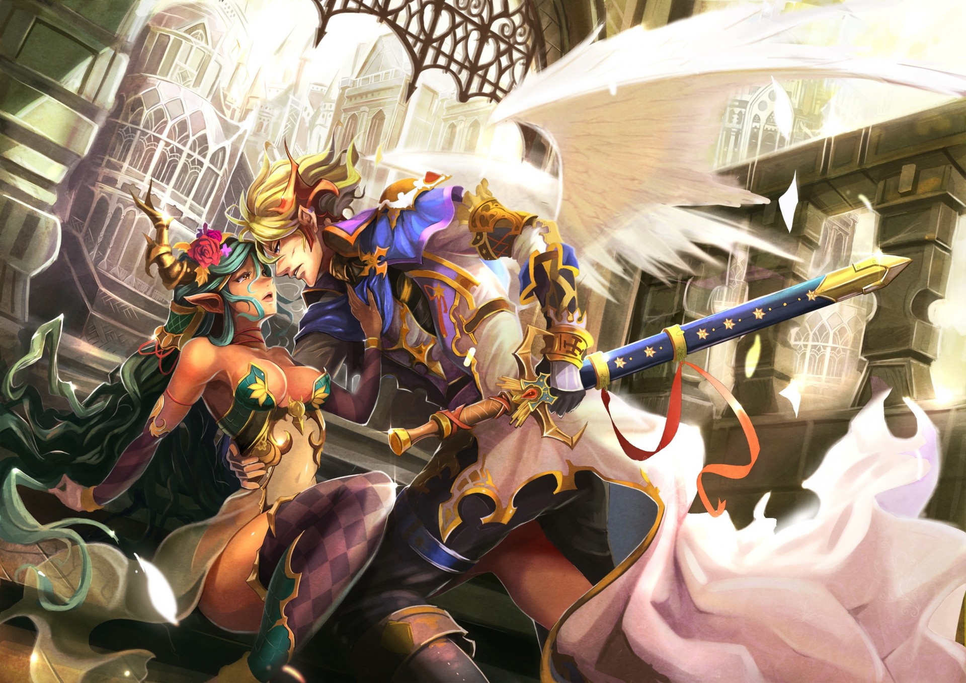 hort hair wings tapes sword blonde hair armour lips flower rose gloves weapon building long hair breast town horn navel thighhighs blue hair