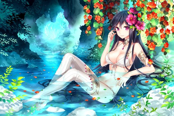 A nymph in a swimsuit hides among the petals of water plants