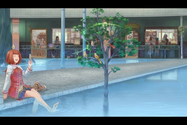 Dziewczyna w sukience moczy nogi w basenie