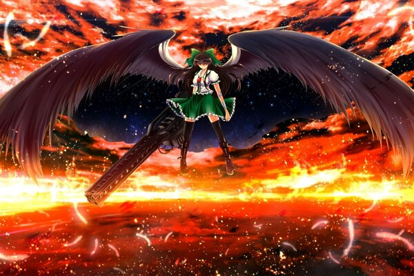 A girl with huge black wings in the middle of the fire