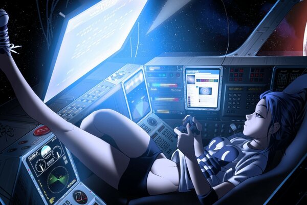 Chica aburrida yace en el asiento del piloto de la nave espacial, levantando las piernas en el panel de control