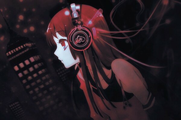 Chica de pelo largo en rojo auriculares anime Art