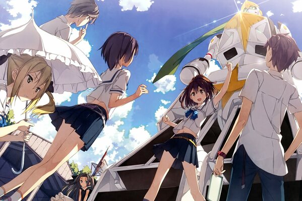 Anime. Schoolchildren and a big robot