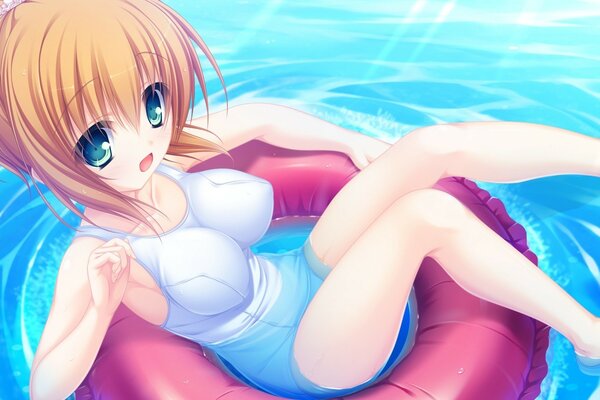 Kamui mikary in a swimsuit with an inflatable circle on the water