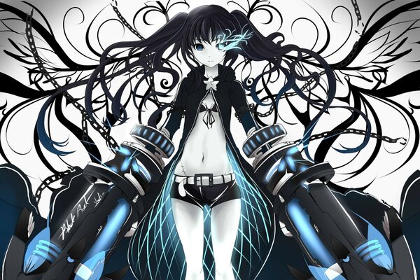 Kuroi Mato en bikini avec de longs cheveux noirs avec des chaînes dans les mains et les bras