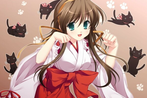 Długowłosa dziewczyna anime wśród kotów w japońskim stylu